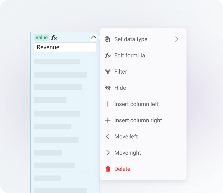 Customize columns screen