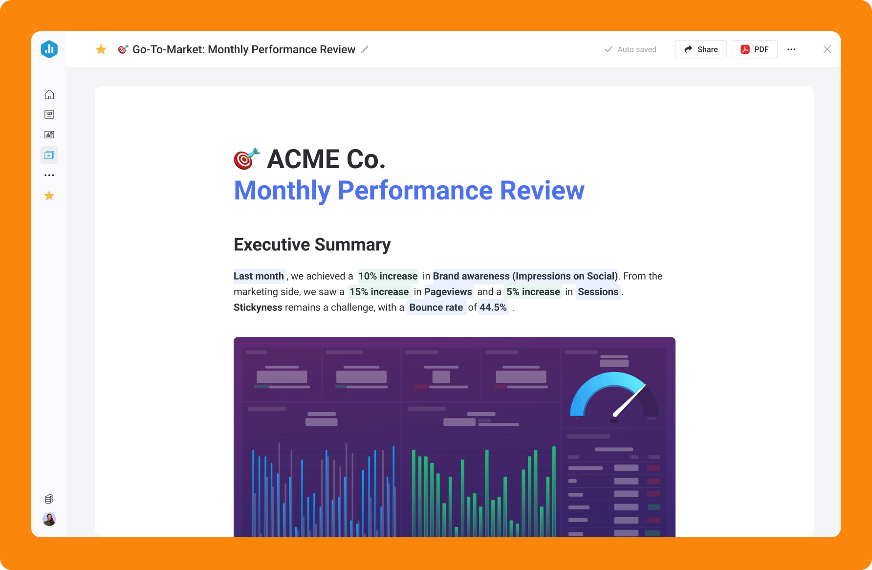 Databox AI-generated monthly performance review report with executive summary, brand awareness, and session metrics