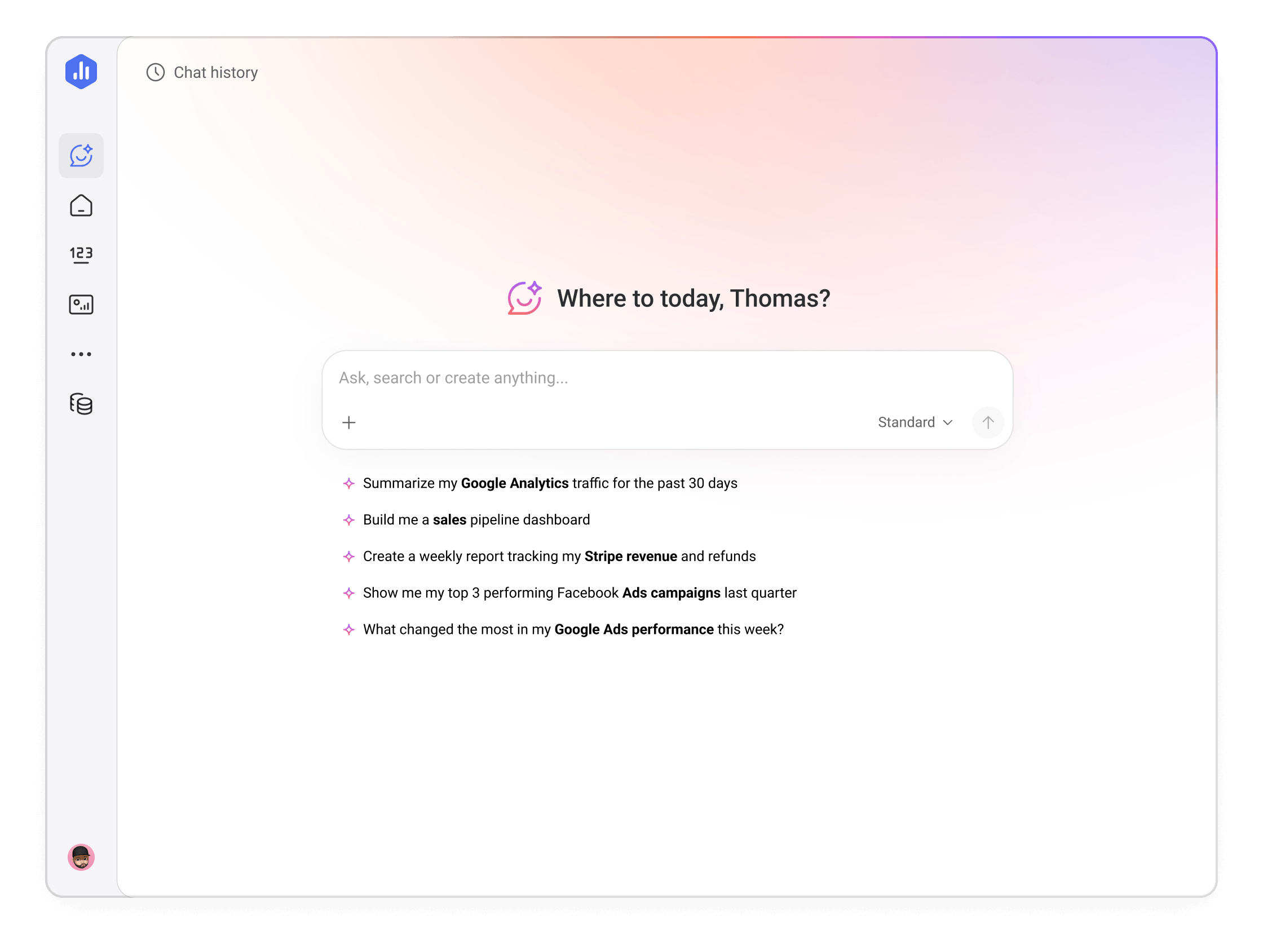 Databox Genie AI chat interface with suggested analytics prompts for Google Analytics, sales pipeline, and ad campaign insights