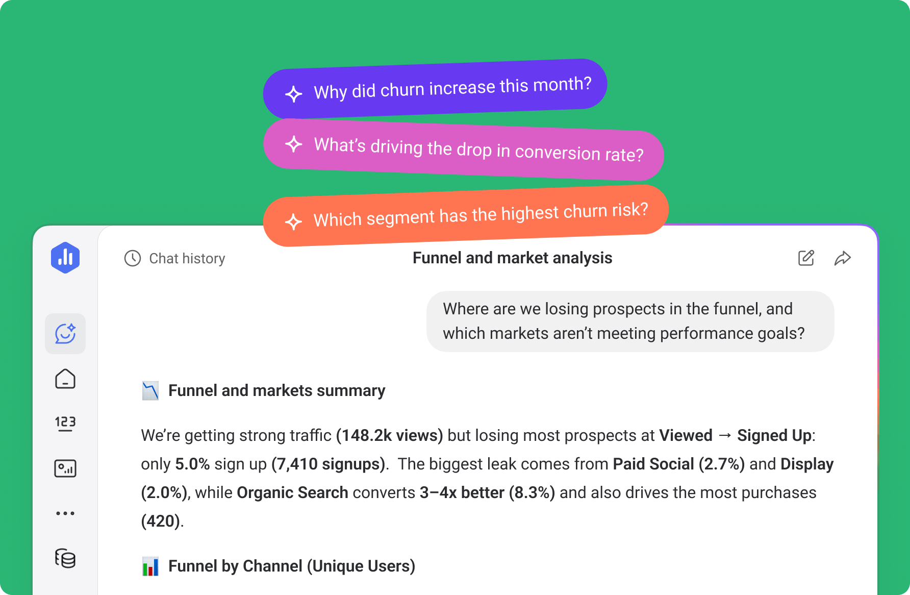 Databox Genie chat with sample questions about churn, conversion rates, and segment risk alongside funnel analysis