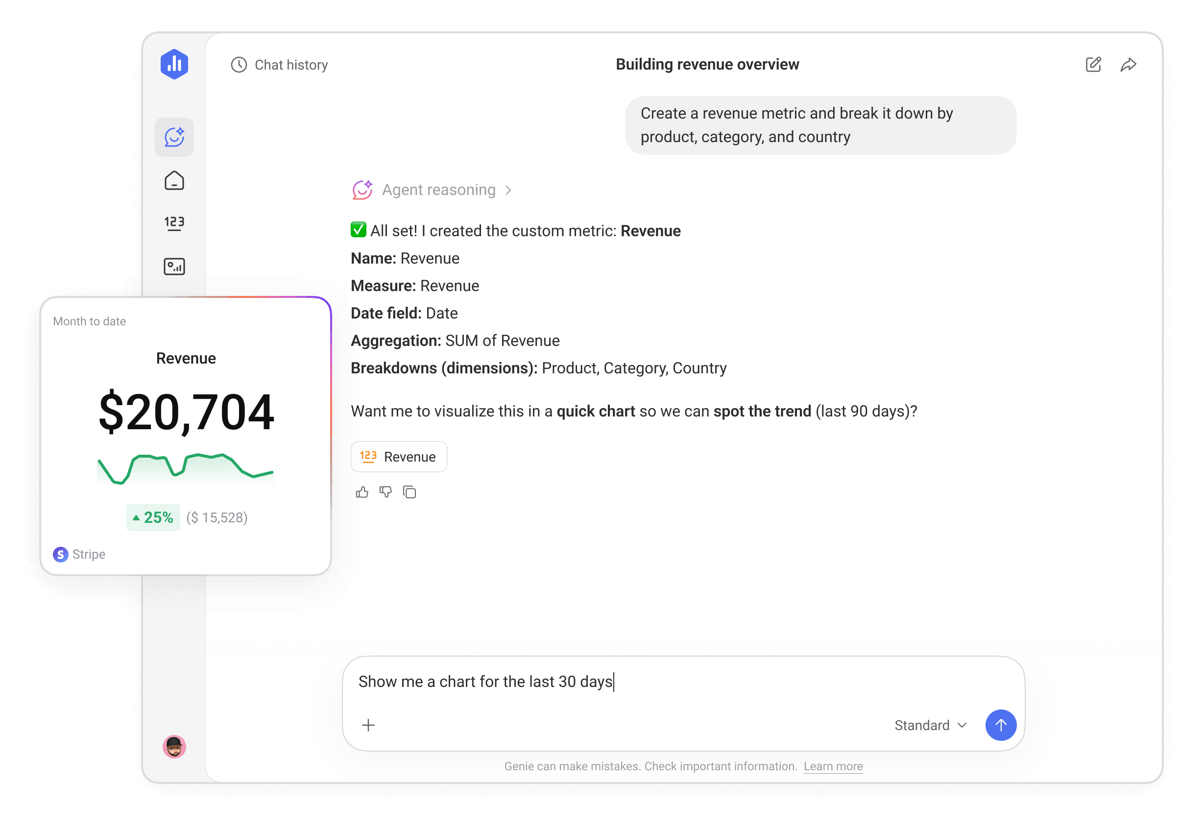 Genie AI Analyst in Databox creating a custom revenue metric with automated breakdowns by product, category, and country.