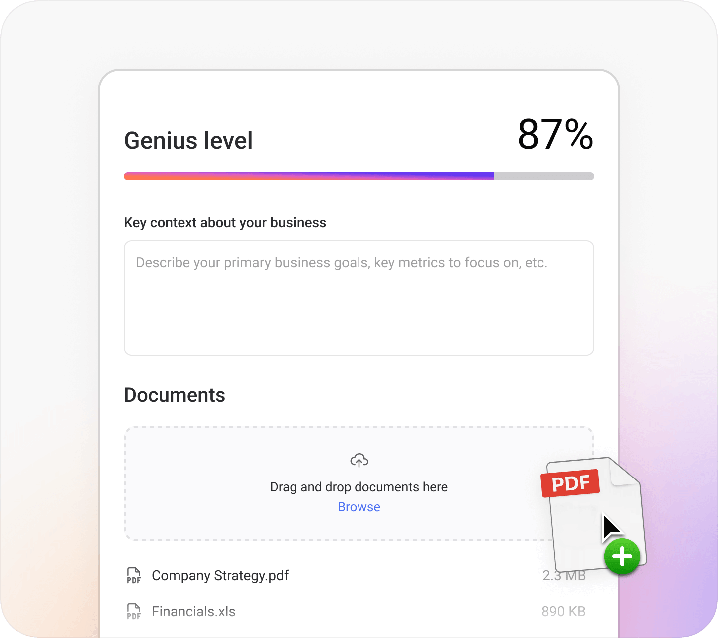 Genie training interface showing Genius level progress at 87%, business context input field, and document upload area with PDF file being added.