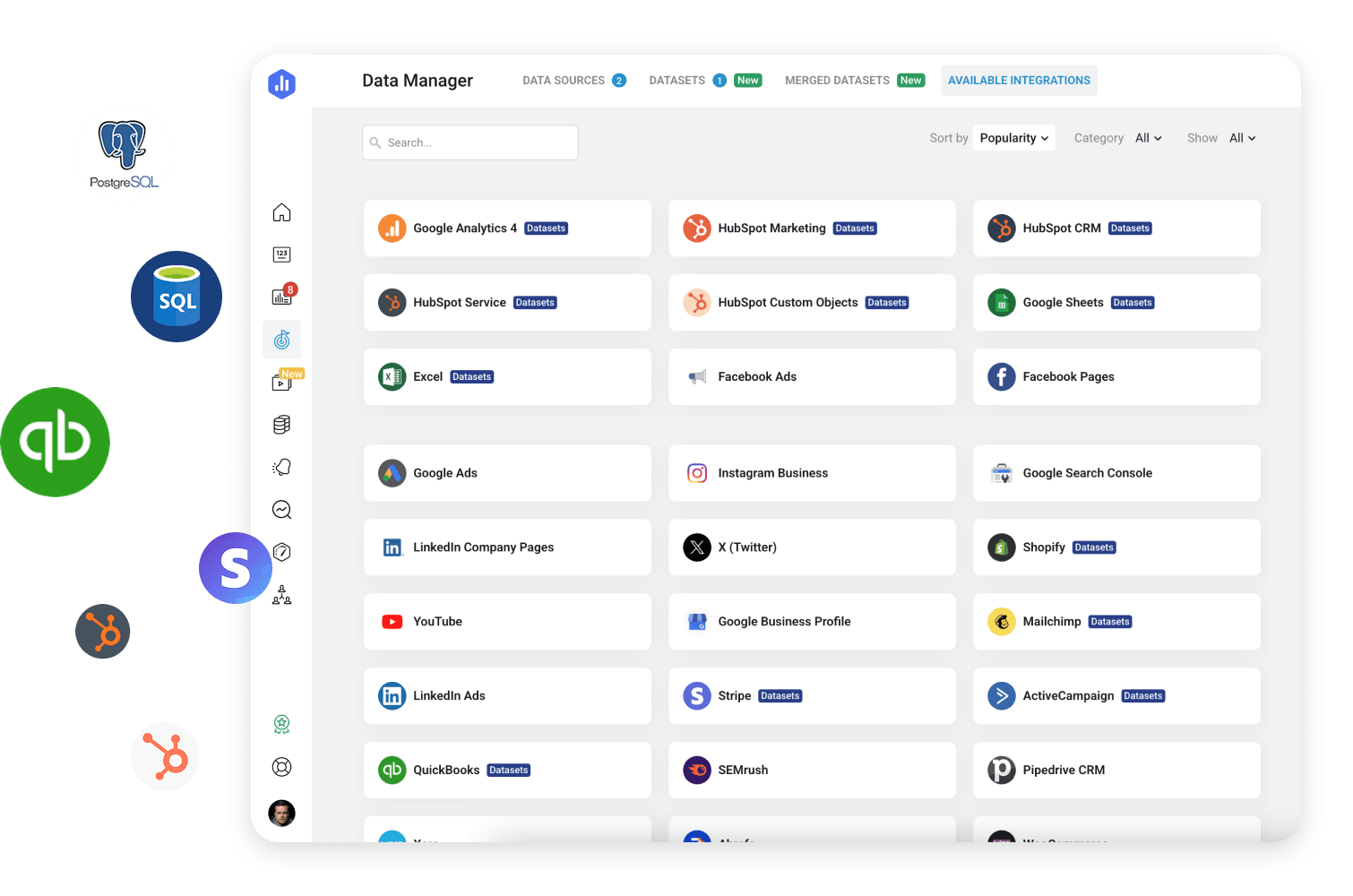 Databox available integrations including Google Analytics, HubSpot, Facebook Ads, Shopify, and more