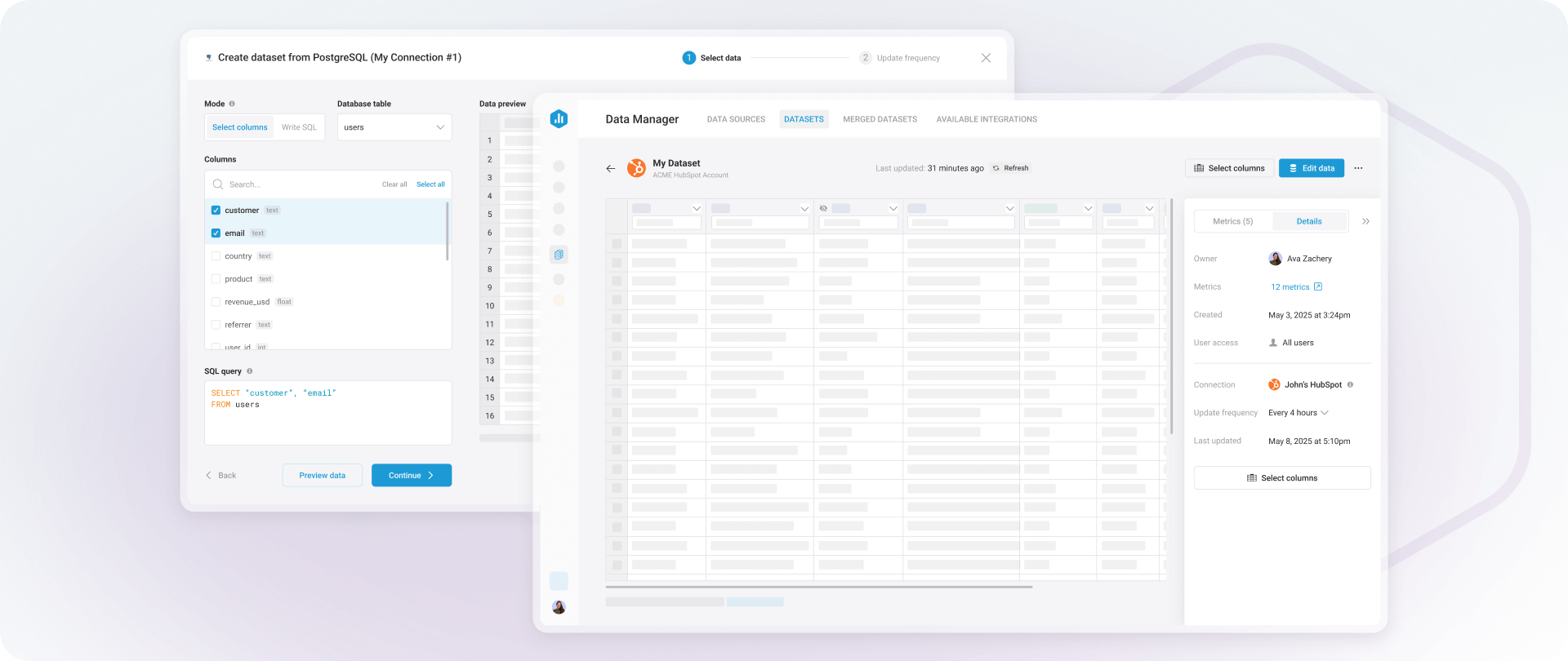 Dataset setup and dataset manager windows