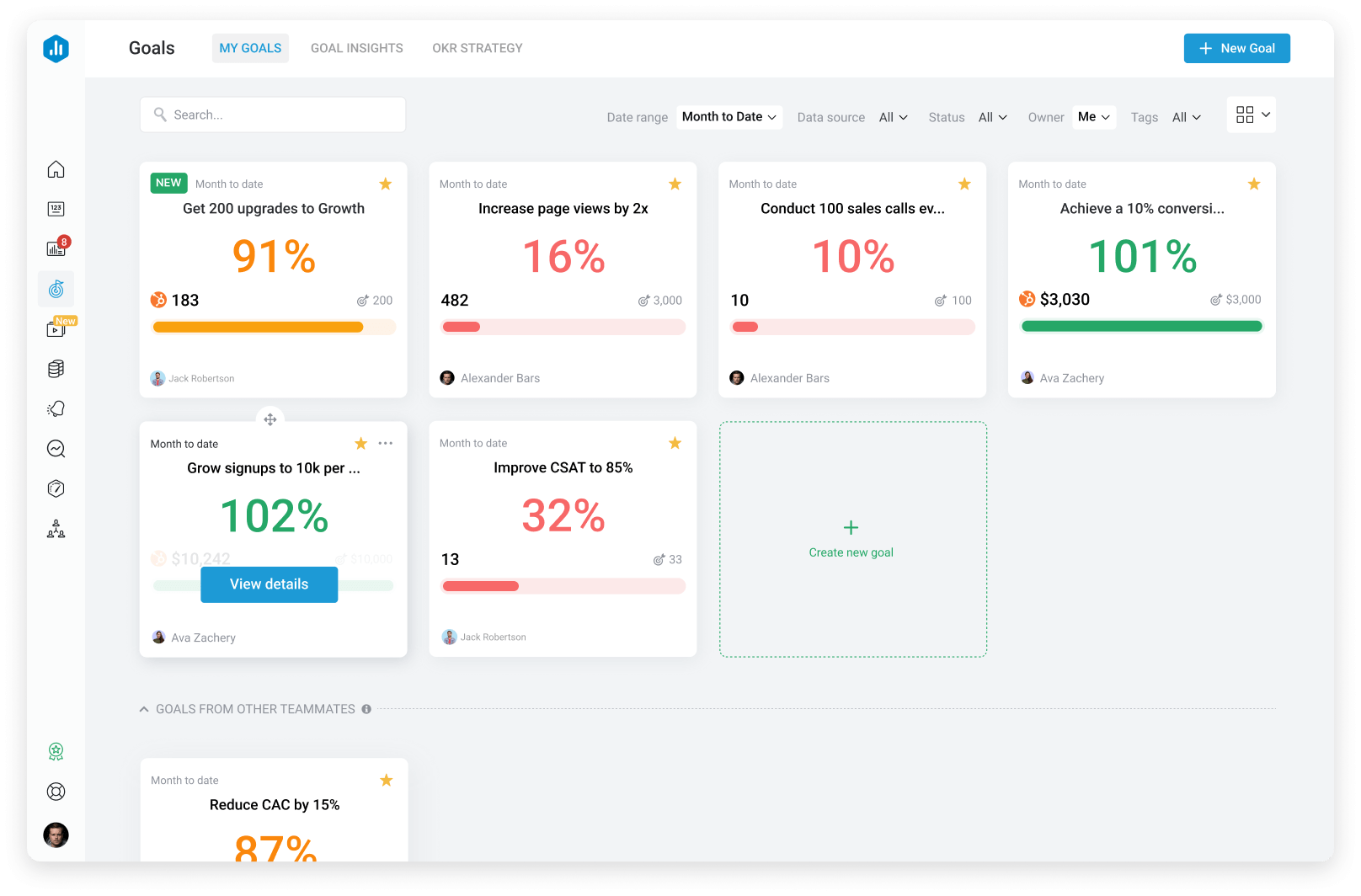 Databox Goals and OKRs feature for setting and tracking business objectives with automated progress monitoring and team alignment capabilities