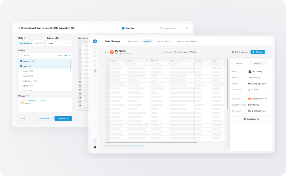 Databox dataset creation interface for filtering data, changing types, and customizing columns