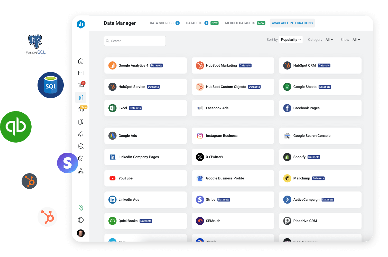 Databox integrations interface showcasing 130+ one-click data source connections for comprehensive business intelligence and unified data management