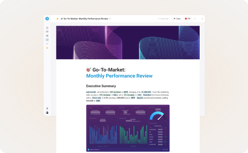 Databox slide-based report layout with executive summary and performance visualizations