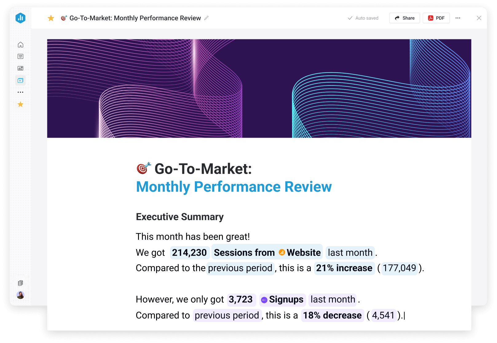 Databox automated reporting feature with professional business reports, executive summaries, and multi-format sharing capabilities for stakeholder communication