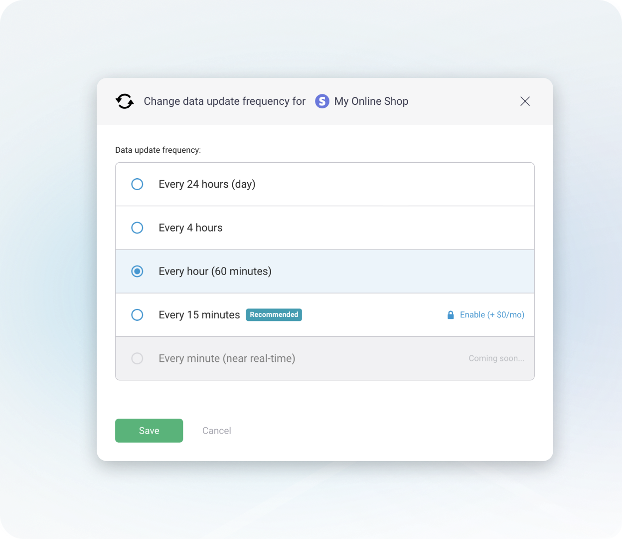 Databox data sync frequency settings interface with 24 hours, 4 hours, every hour and every 15 minutes options